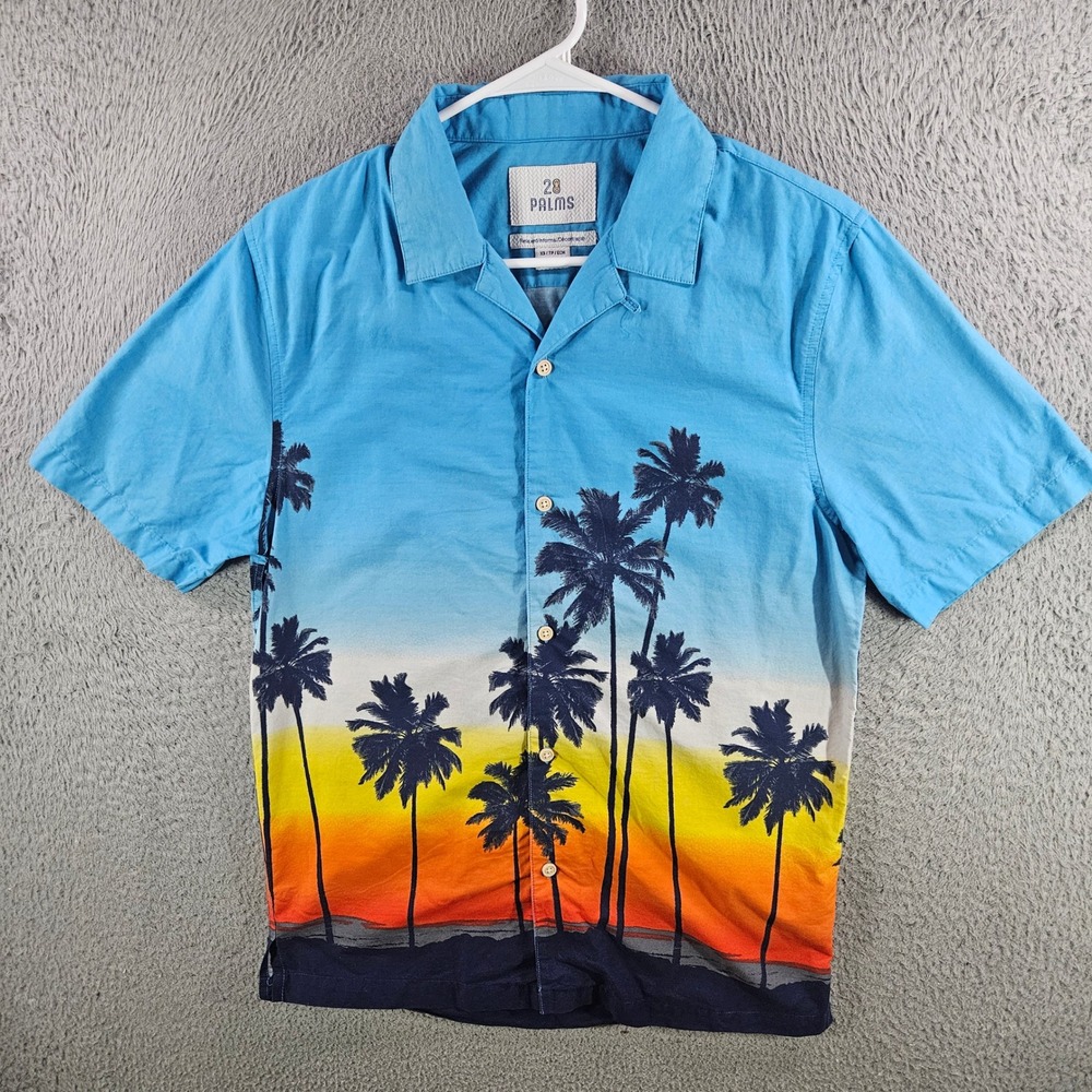 28 Palms Mens XS Relaxed Tropical Sunset Palm Tree Cotton Button Down Shirt Blue